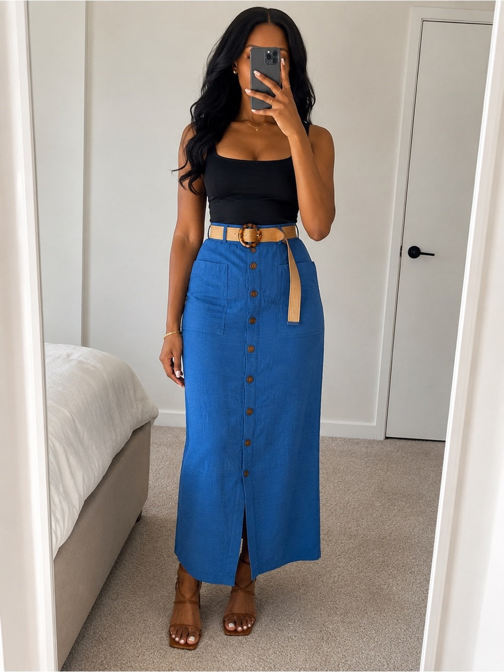 Button-Front Maxi Skirt in Royal Blue with Belt